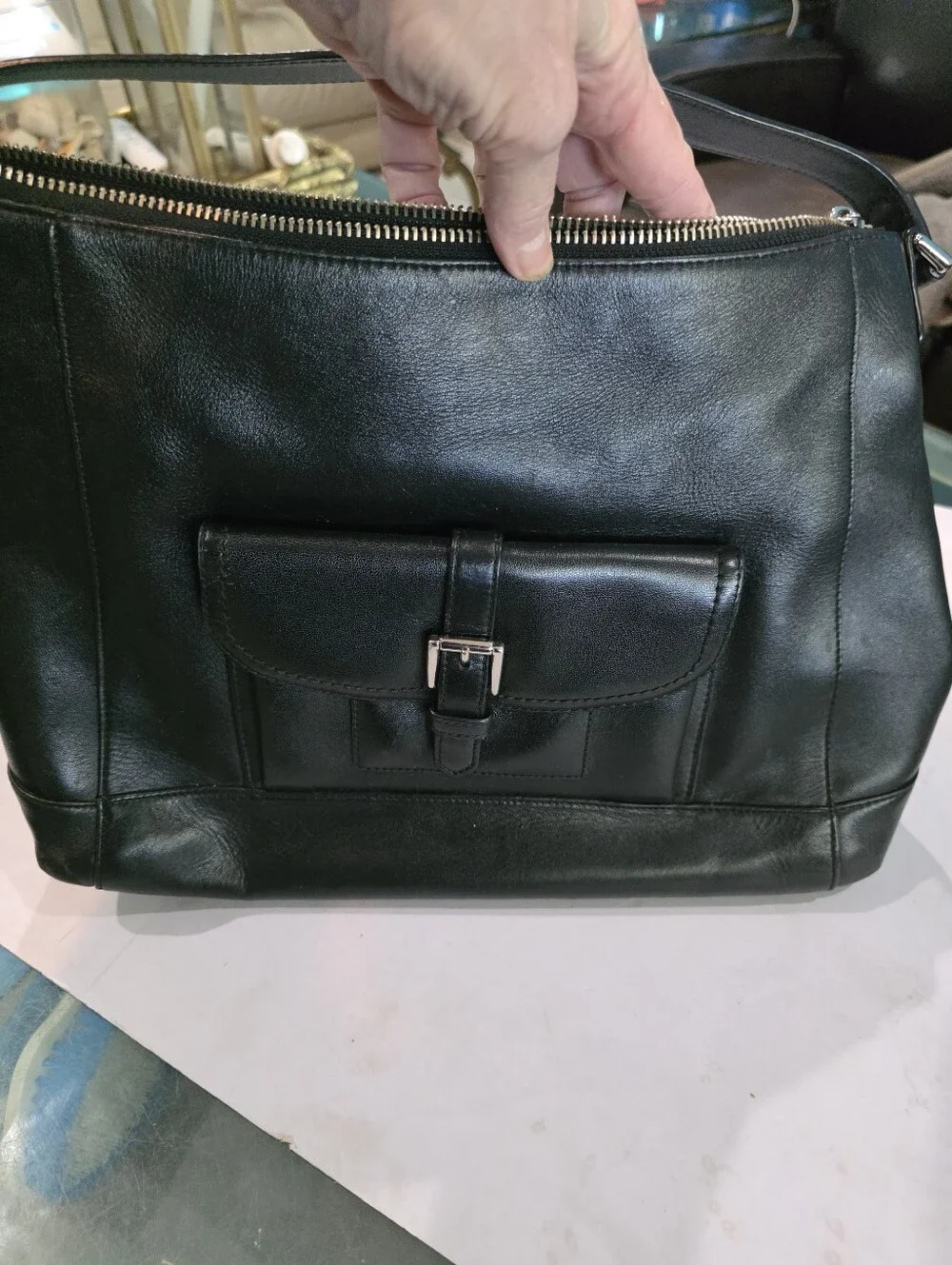 Men’s Black Leather Buckle-Front Messenger Bag